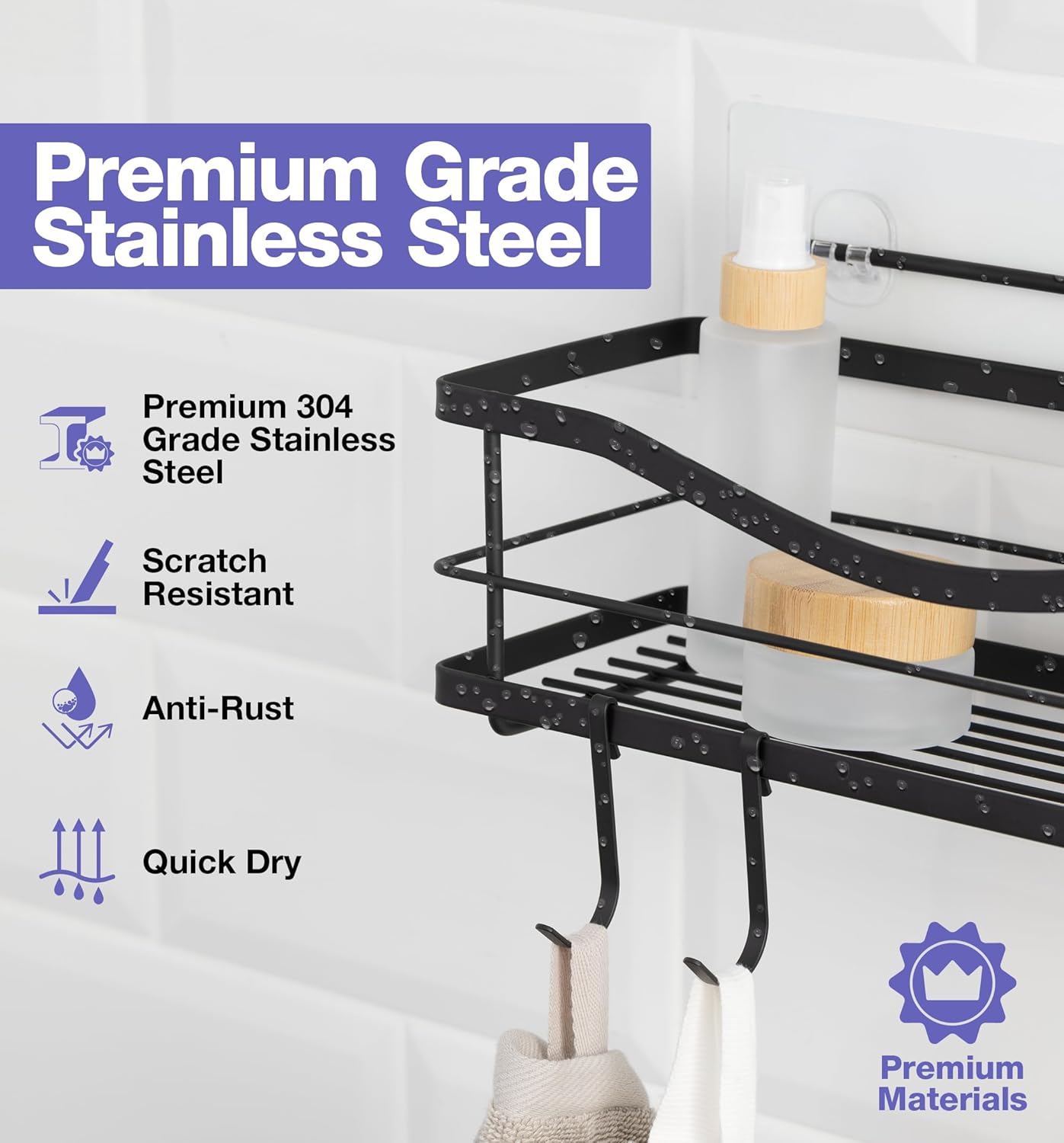 KINCMAX Shower Caddy and Soap Holder Set, Rustproof SUS304 Stainless Steel, Adhesive Wall Mount Double Baskets 2-pack with Hooks (Matte Black)