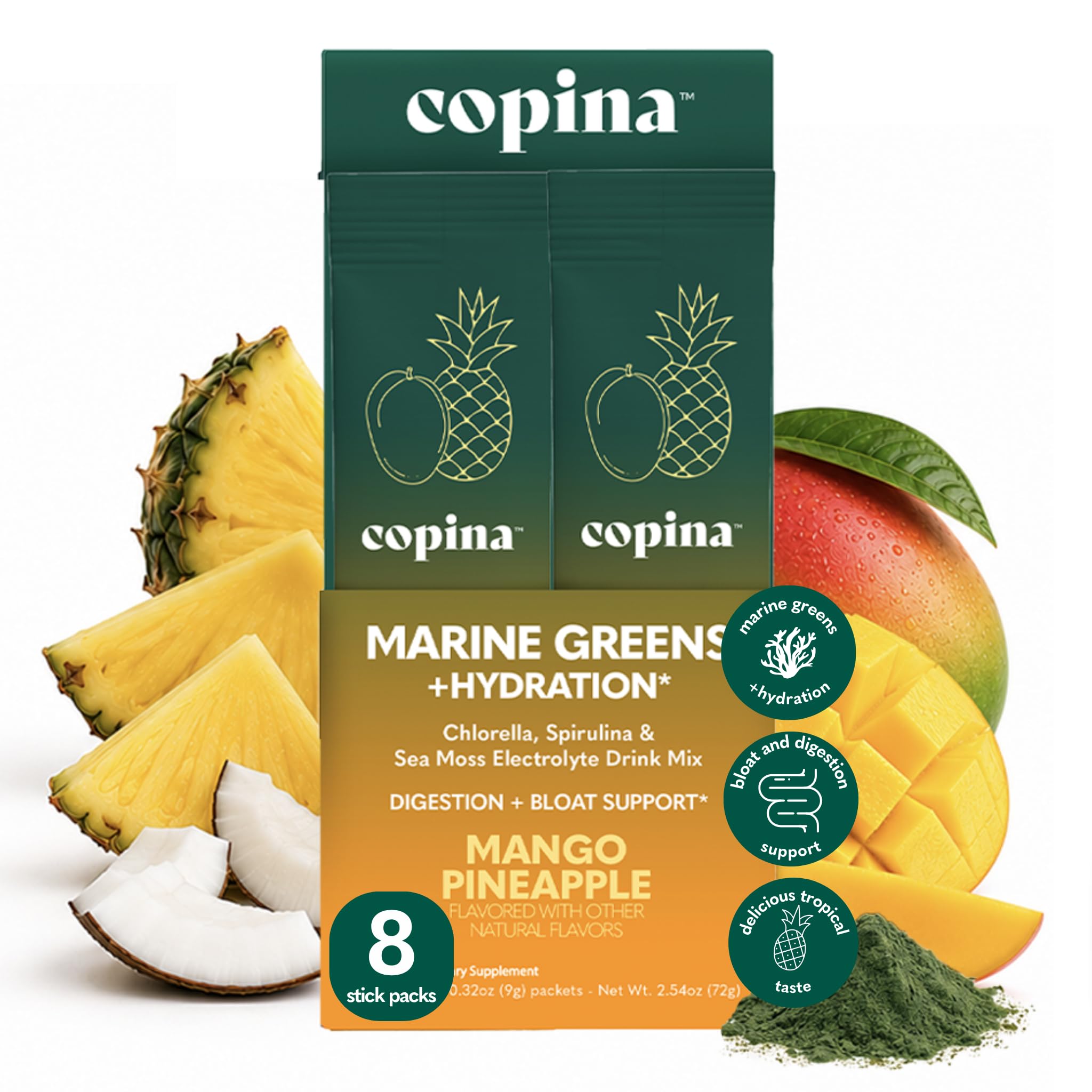 Copina Co. Mistura para Bebida com Eletrólitos e Spirulina Sabor Manga e Abacaxi 9,1 g, 8 sachês