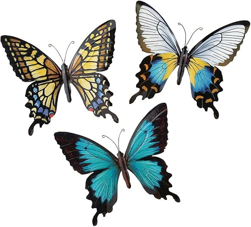 Collections Etc Metal Butterfly Wall Art Decoration, Set of 3 Fauna, Insect, Garden Theme Décor
