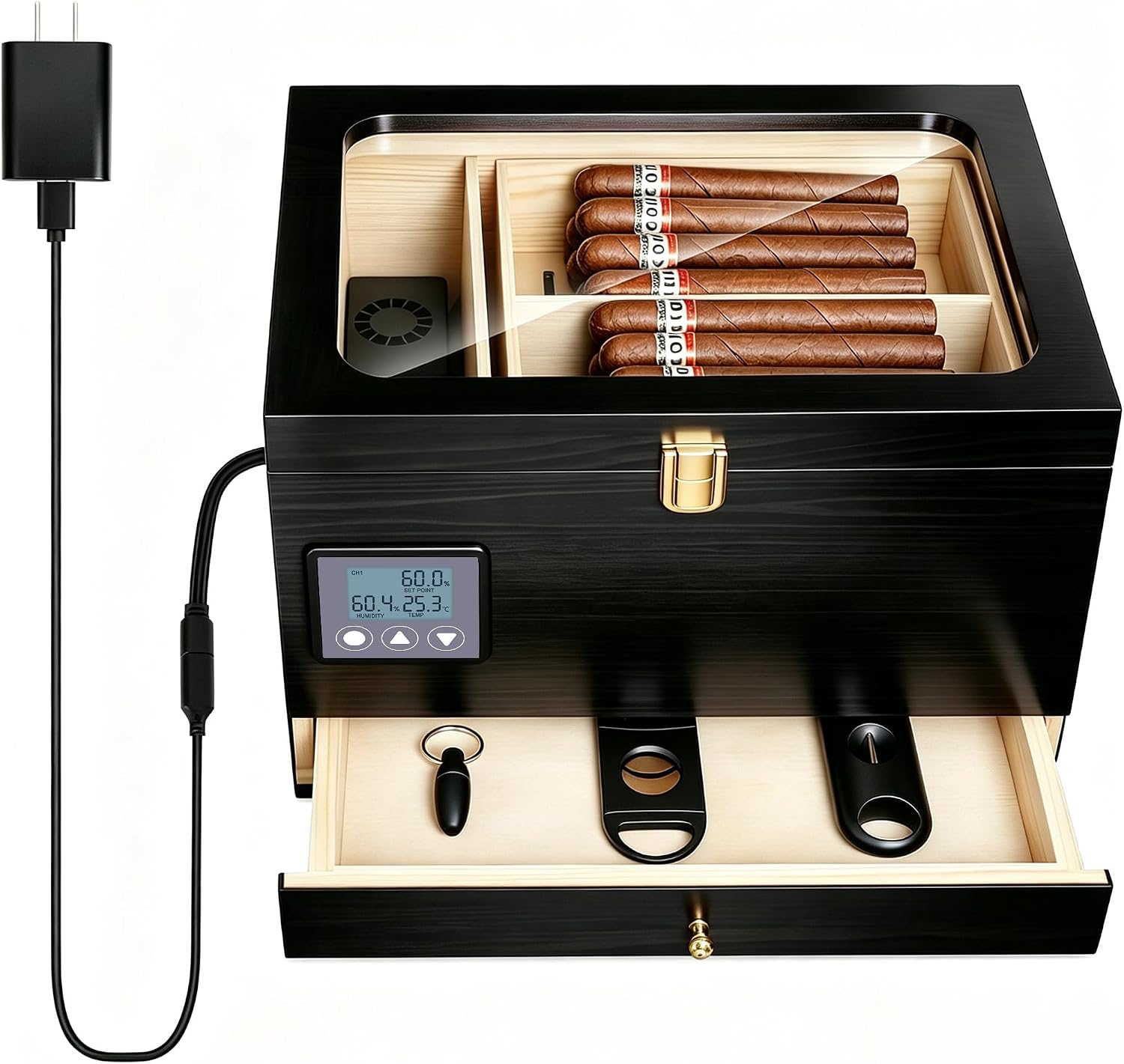 Electric Cigar Humidor Cabinet with Precision Humidity Control & Digital Display | 65-Capacity Double Cedar Shelves, Clear Front & Accessory Drawer, Father's Day Gift for Men Black