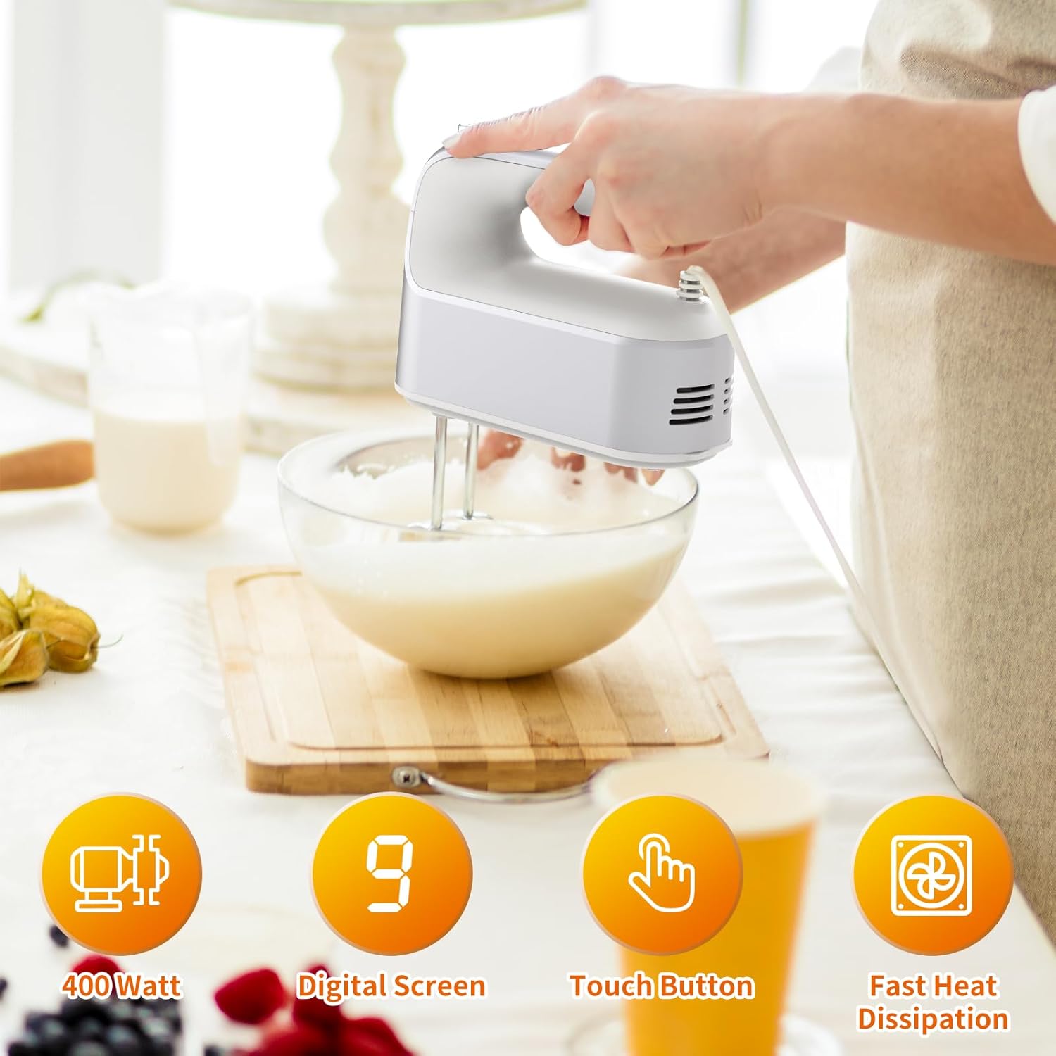 Hand Mixer 9 Speed with Digital Display, Touch Buttons, DC Motor and 5x Stainless Steel Accessories（Light Silvery)
