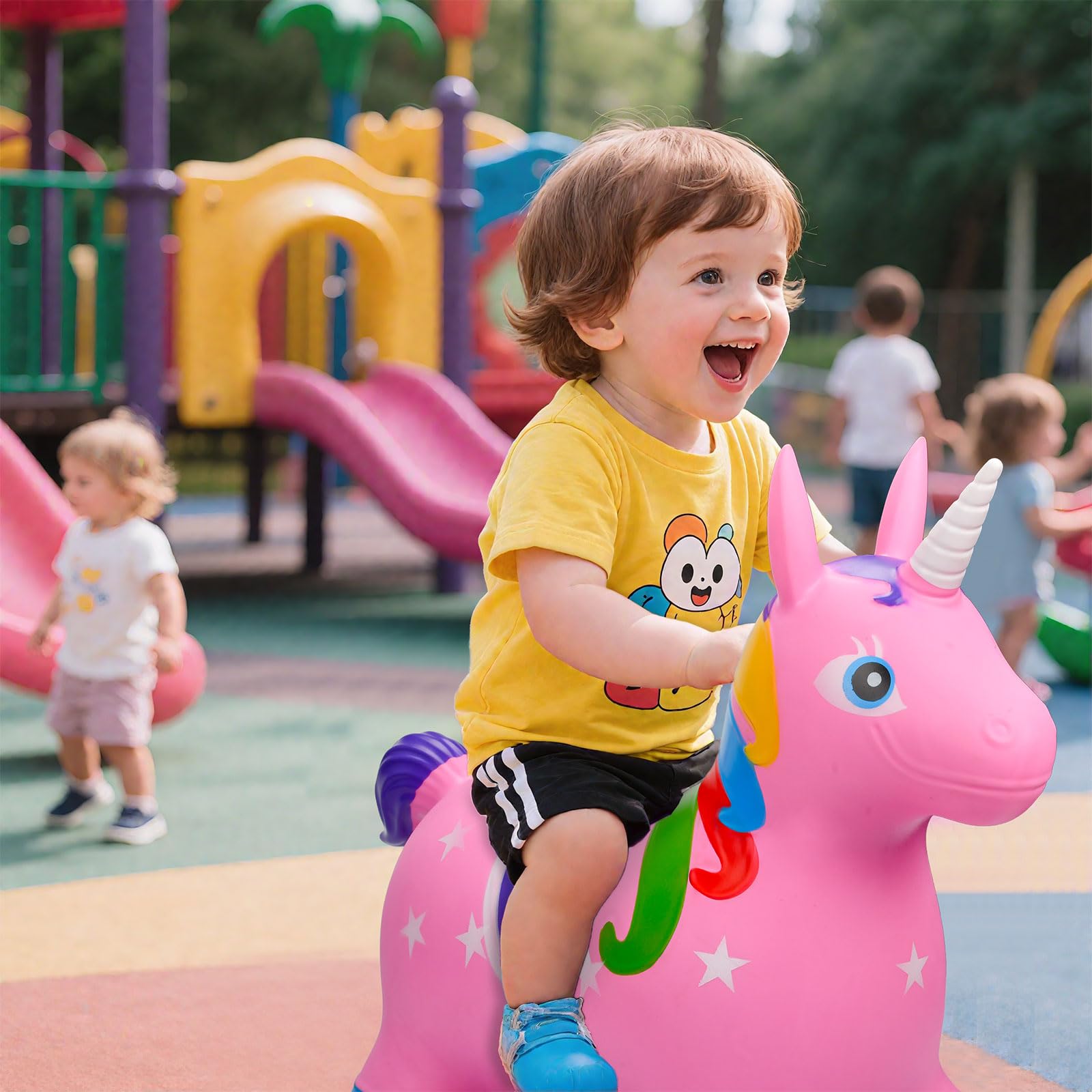 Juguetes de salto con unicornio con bomba de aire – Colorido caballo saltarín para niños de 0–3 años – Juguetes de salto inflables de PVC grueso, no tóxico – Diseño antivuelco, antideslizante y