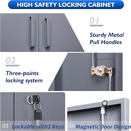 Miniatura 4 de AFAIF Armarios de almacenamiento de metal con puertas de bloqueo y 2 estantes ajustables, gabinetes de oficina de acero con cerradura, gabinete de