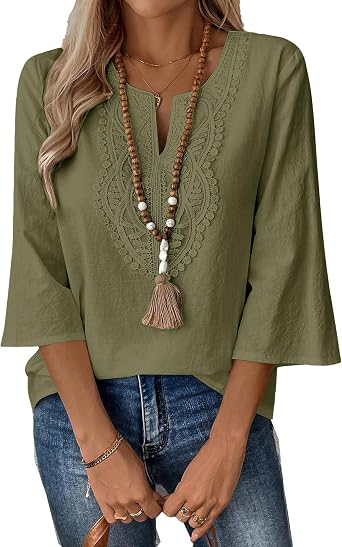 Womens 3/4 Sleeve Lace Tops Blouse Boho Cotton Linen Shirts V Neck Dressy Casual Loose Fit Blouses