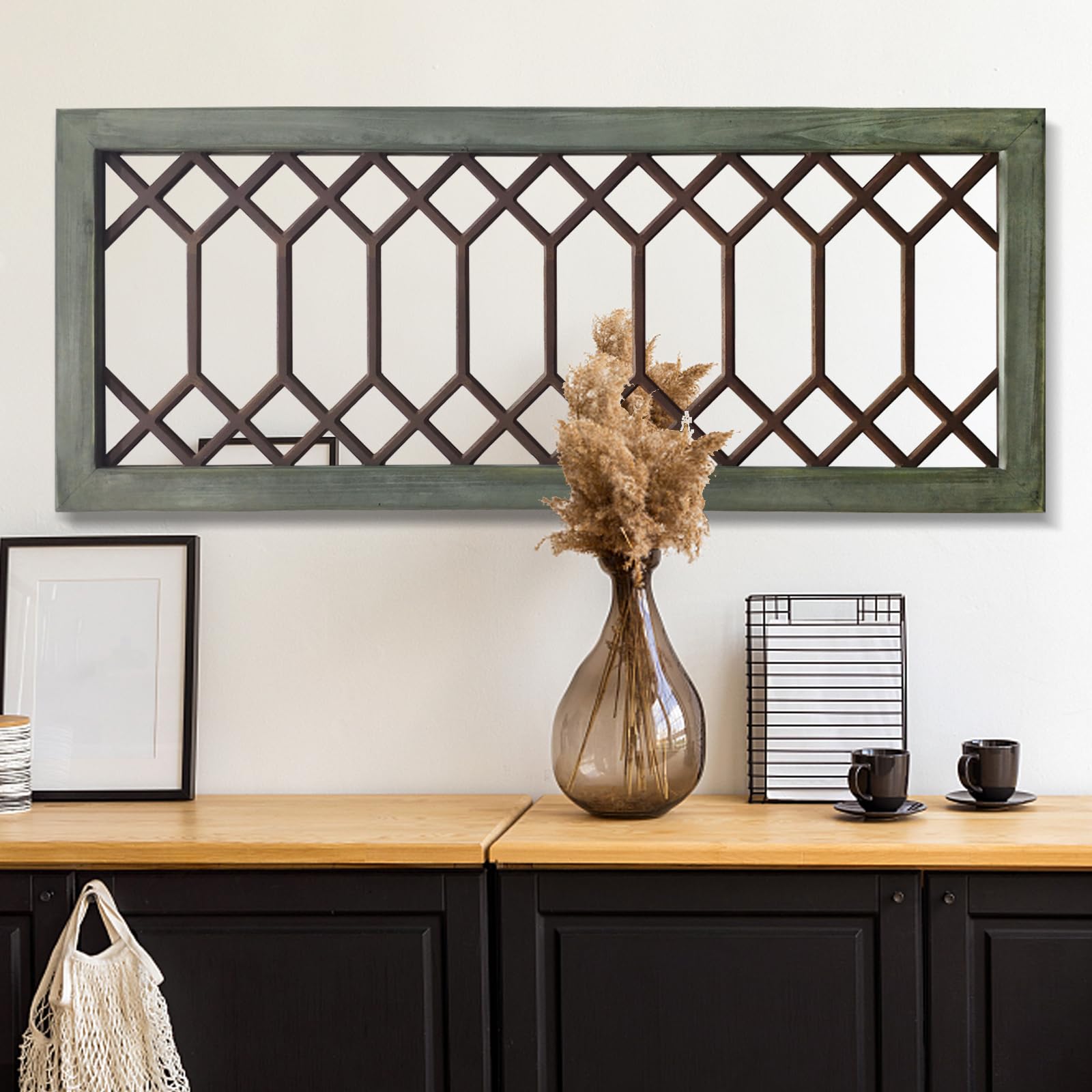 Farmhouse Wall Mirror 43" x 17" Large Rustic Wall Mirror Decorative Wood Framed Mirrors Wall Decor for Living Room Bedroom Entryway (Green)