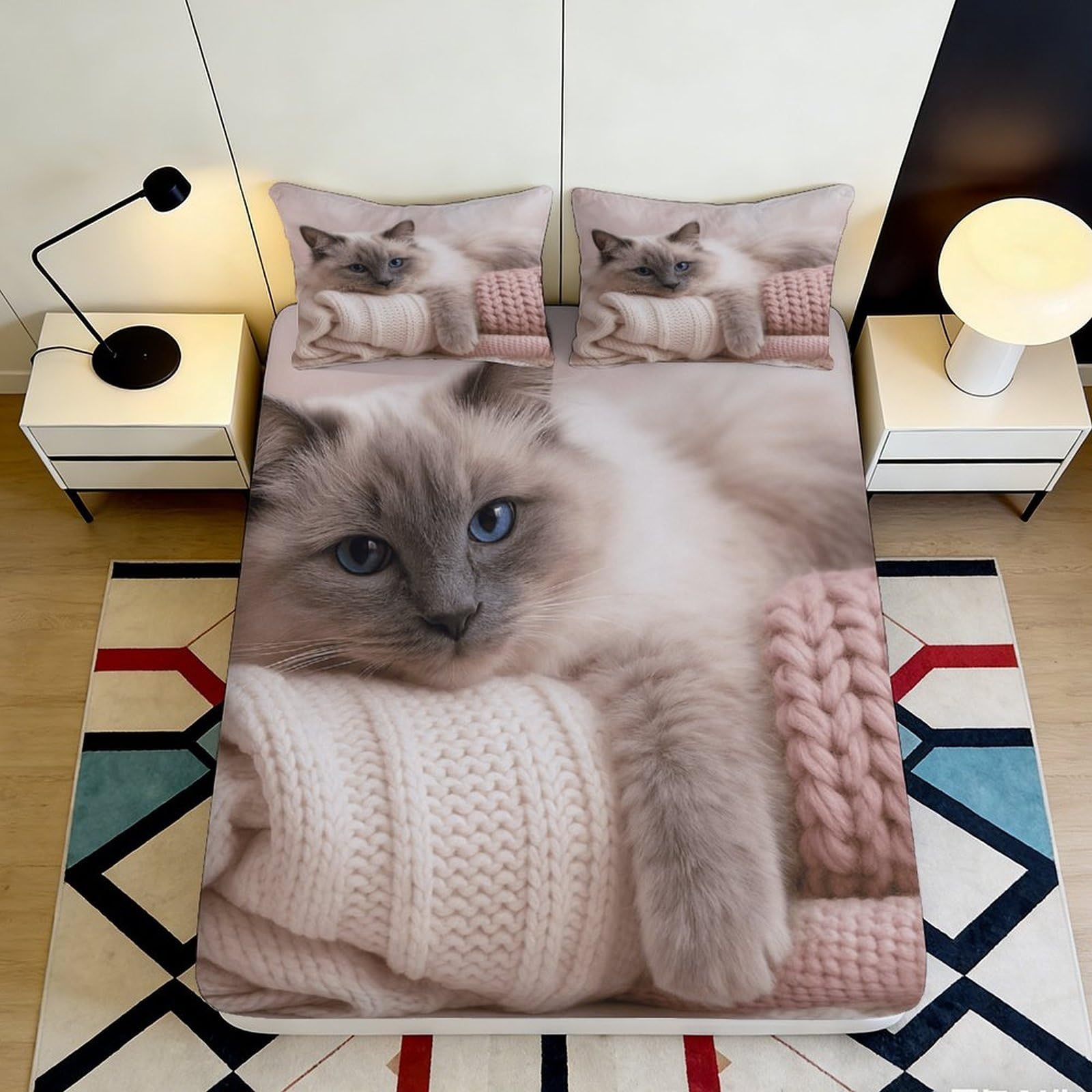 3D Printed Cat Cozy Blanket Fitted Sheet Microfiber Soft Bed Cover for Bedroom Guest Room Decor Protection 90x200x25cm