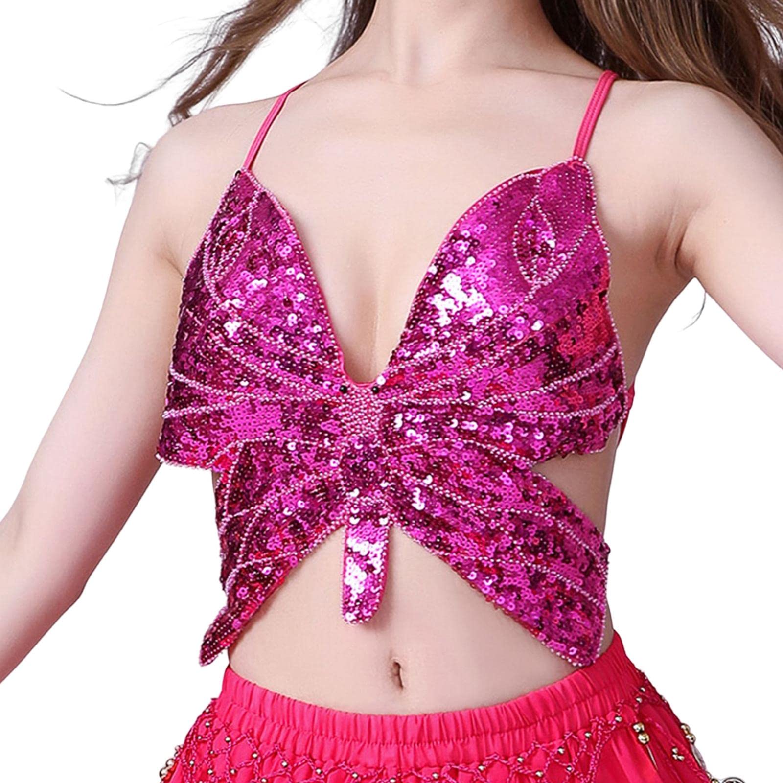 Enakshi Sequin Butterfly Crop Top Party Belly Dance Club Rave Rose Red|Clothing, Shoes & Accessories|Dancewear|Adult Dancewear |Package Includes:1 Sequin Crop Top-image-11