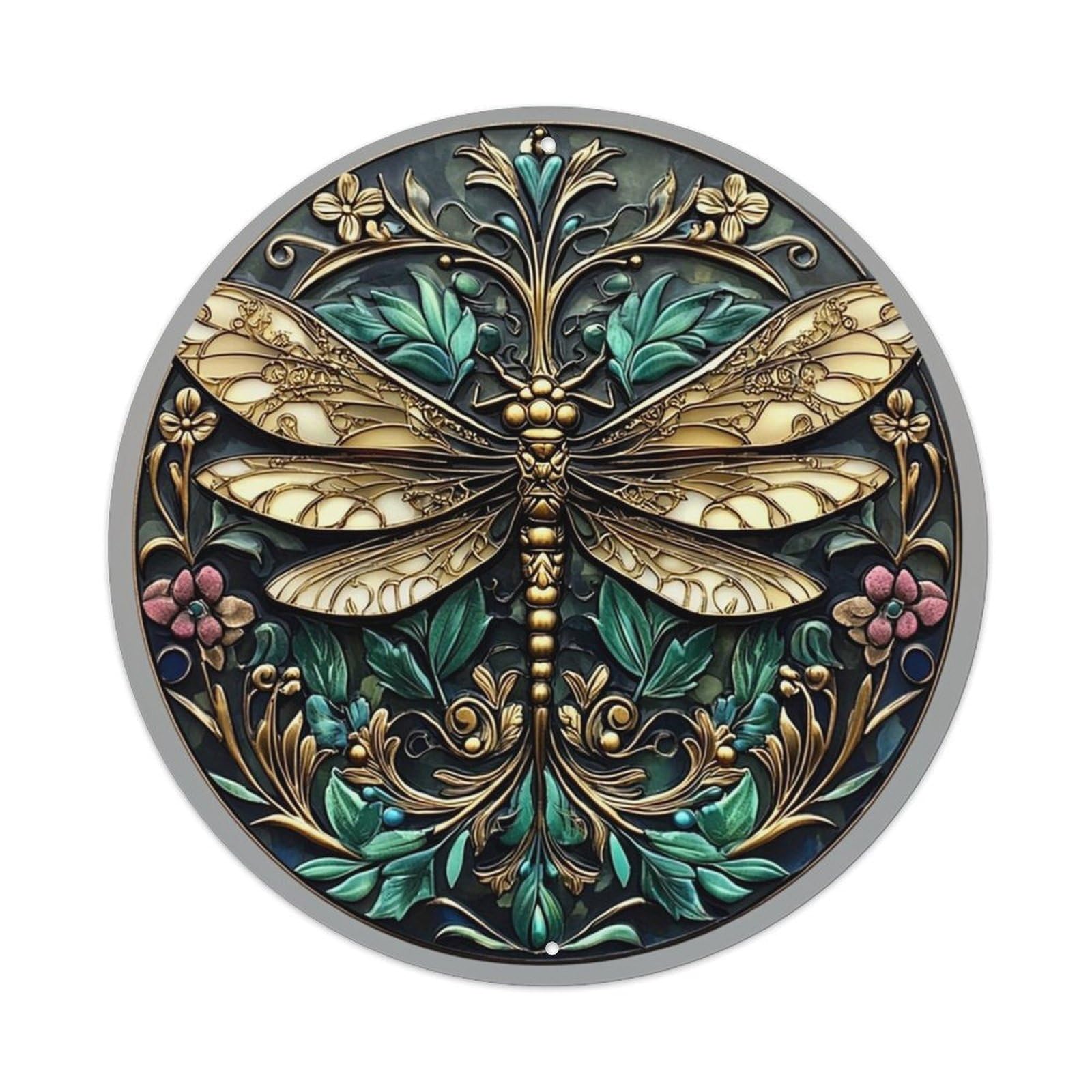 Ornate Dragonfly Floral Medallion Design Vintage Metal Tin Sign Retro Wall Decor for Home Bar Garage Cafe, Indoor & Outdoor Decorative，circle Metal Poster, 8x8 Inch