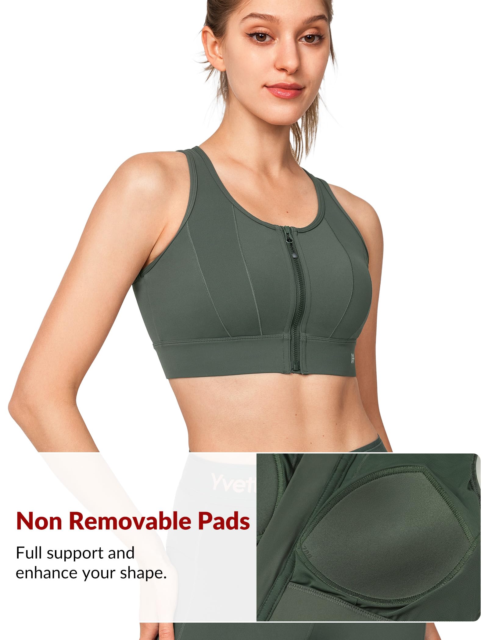 Yvette Reggiseno sportivo con chiusura frontale per le donne ad alto supporto grande busto di supporto reggiseno sportivo ad alto impatto per la corsa, verde scuro, S