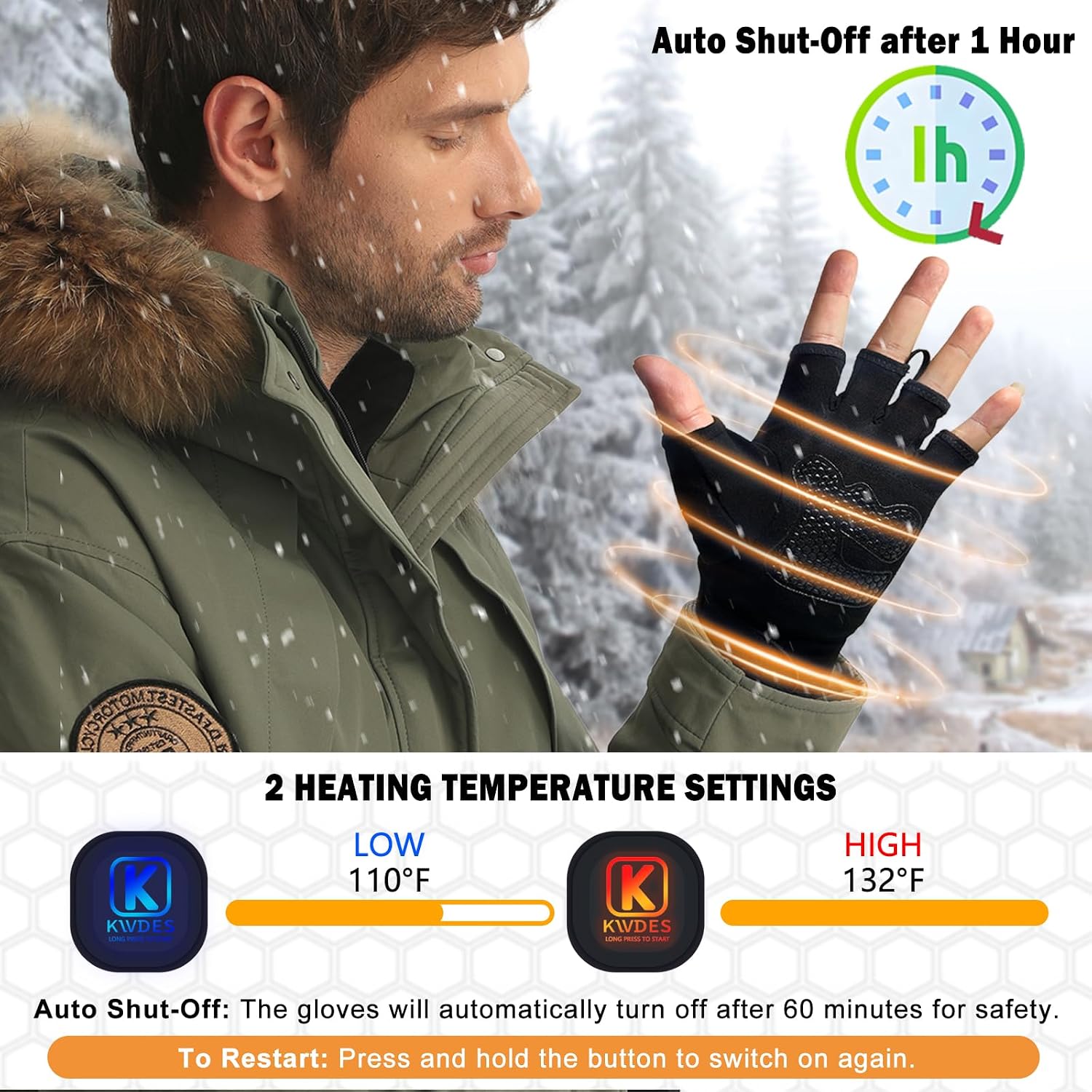 Heated Gloves Fingerless for Women Man Rechargeable Electric Touchscreen Wearable Cold Winter Work Arthritis Pain Relief Hand Warmers Hot Compress Reusable