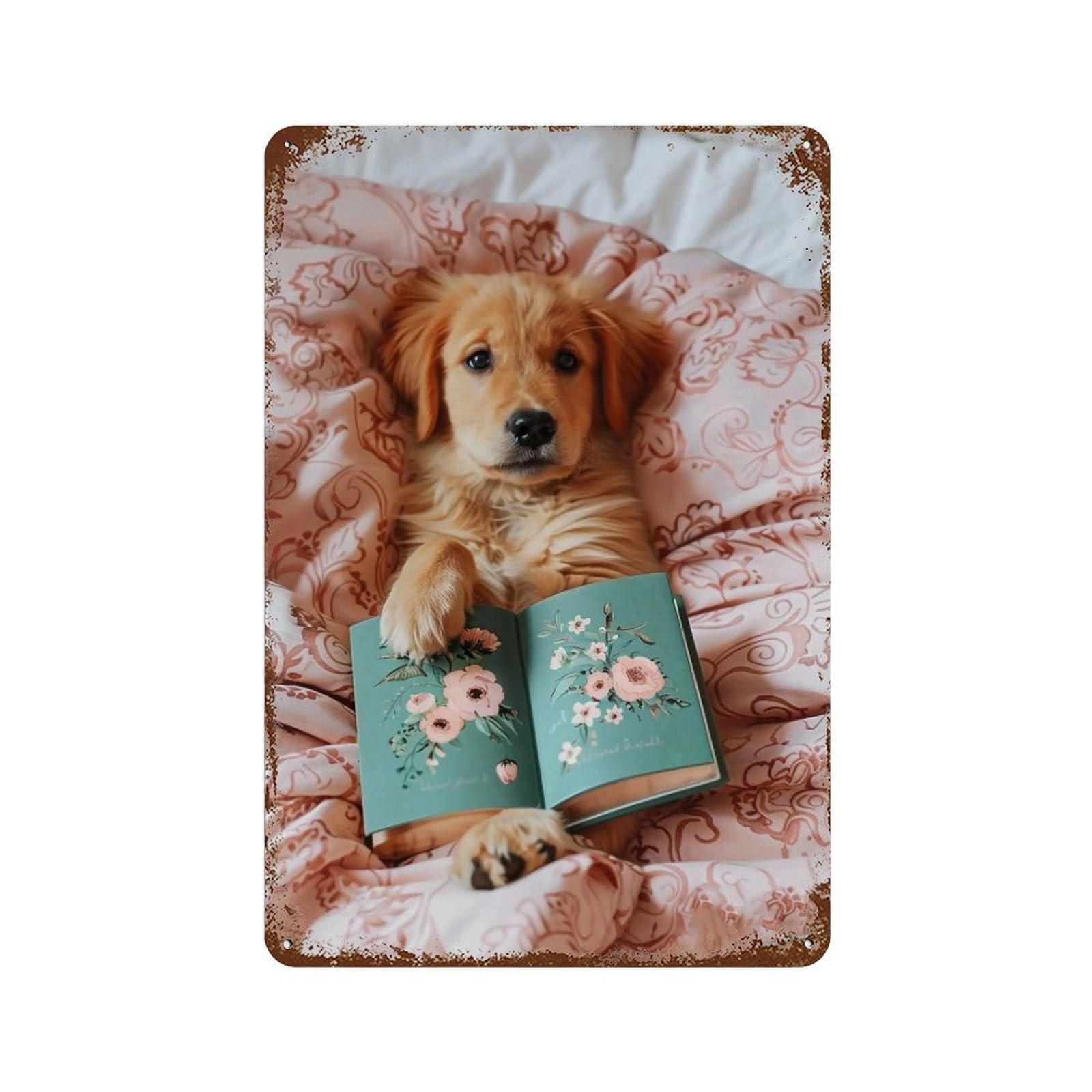 FHUYEURHRY Cute Golden Retriever Puppy Reading 04 Wall Decor Retro Iron Vintage Art Metal Tin Sign Poster Modern Home Cofffee Club Art Bar Shop Decorations Style-27 30x20cm