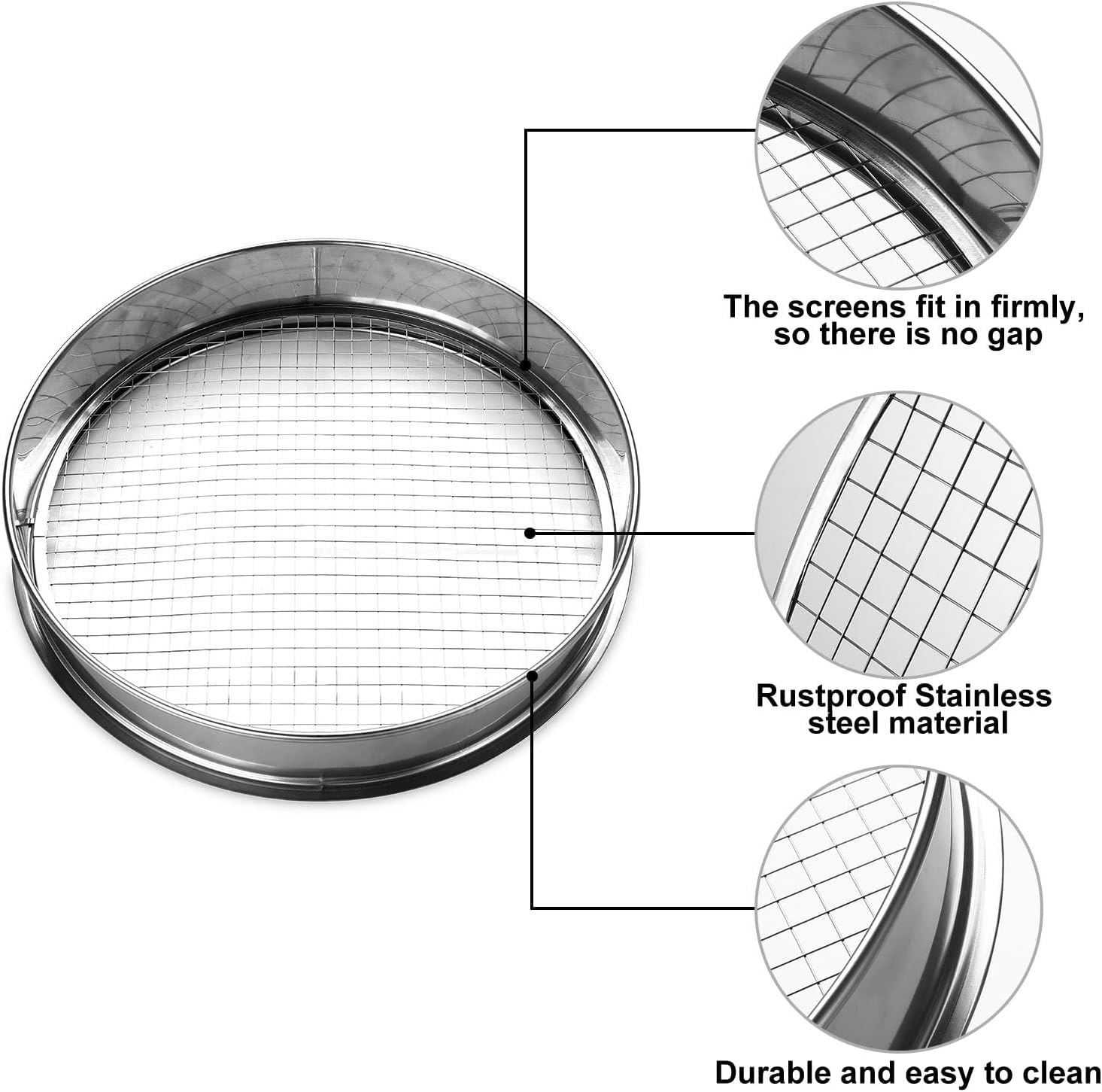 Tamis de Jardin Rond 30cm en Acier Inoxydable avec 5 Mailles Interchangeables Tailles de 3/6/9/10/12mm Outil Jardinage pour Tamiser Le Sol, Les Semences, Les Pierres et Le Compost, Pelle Inclus