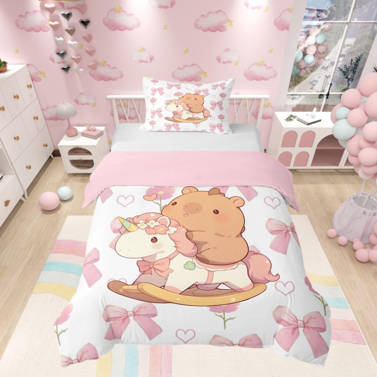 Homewish Kids Cute Capybara Duvet Cover Set Girls Pink Bow Single Bedding - Cute Unicorn Trojan Horse Quilt Cover Princess Style Kawaii Bowknot Floral Bed Set with Pink Reverse - 1 Pillowcase