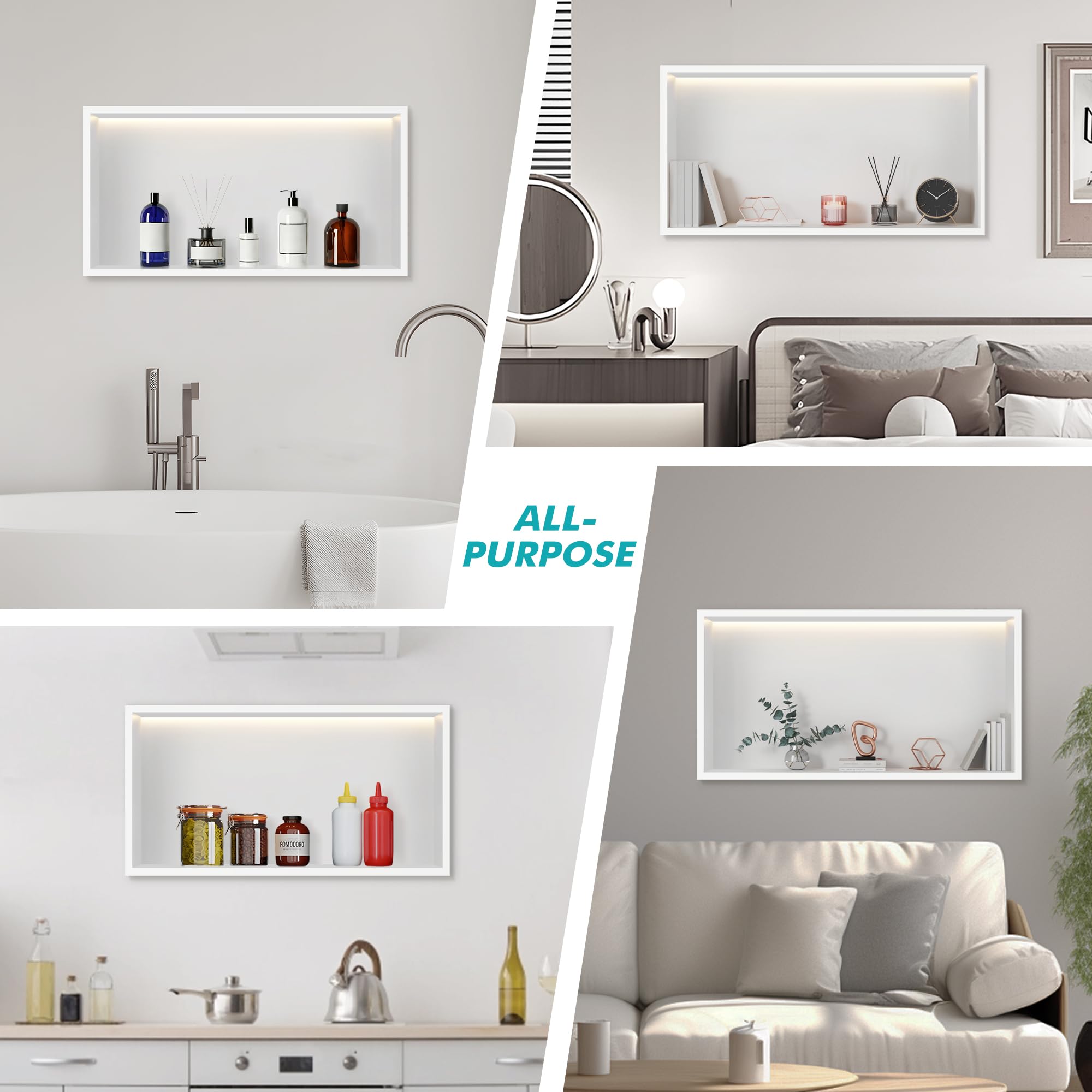 FTL Wandnische Dusche mit LED Weiß,Duschnische mit 3000K Warmweiss Beleuchtung(Nicht Dimmbar) 60x30cm,304 Edelstahl LED Wandnische Badezimmer Keine Fliesen Erforderlich