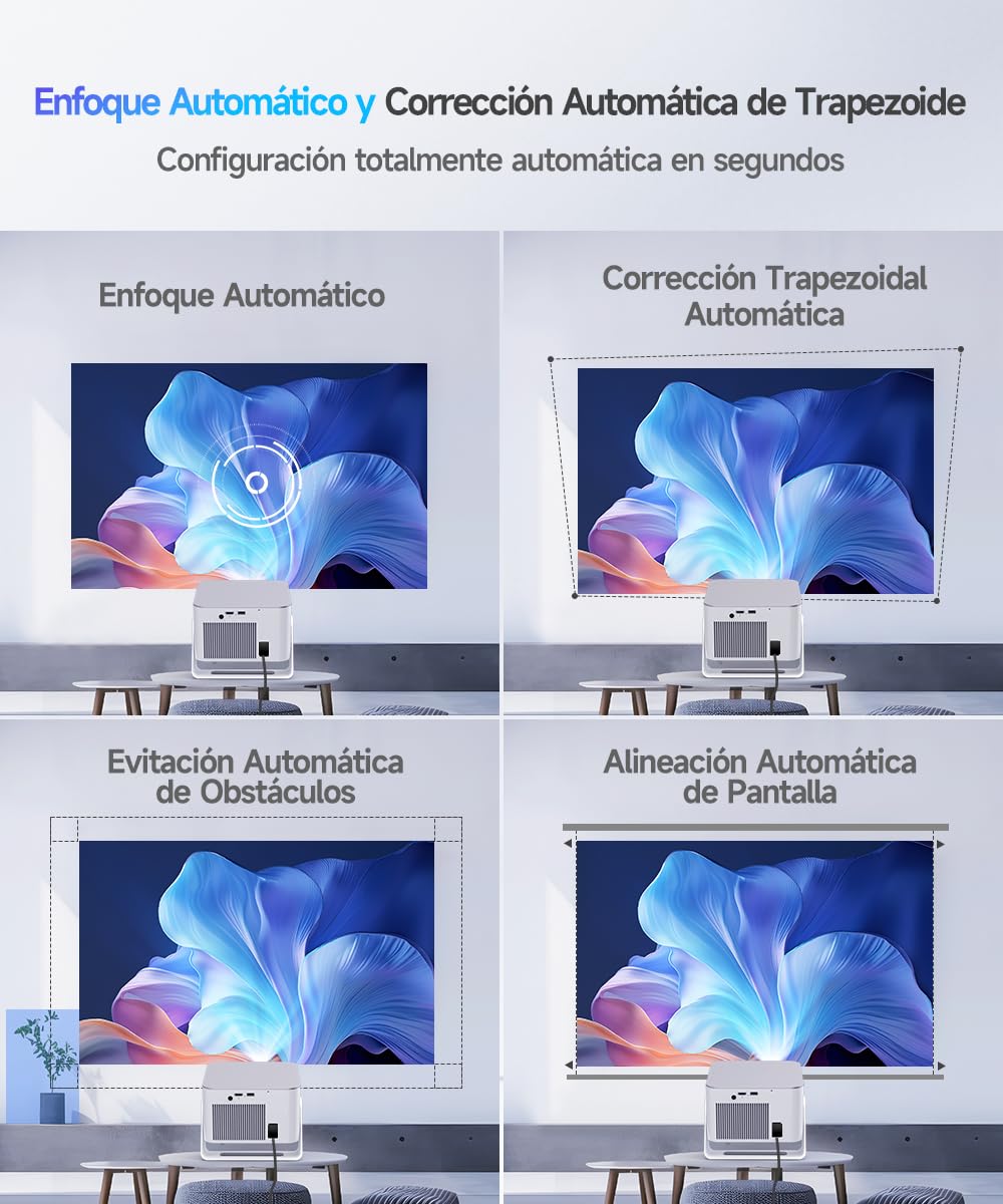 Alwtniet Proyector Portatil 4K 8K, Native Full HD 1080P Mini Projetor Android 14, WiFi 6 Bluetooth 5.4, Autoenfoque 6D Auto Keystone 180° Rotación para Cine Móvil en Casa Smart TV Tiro Ultra Corto