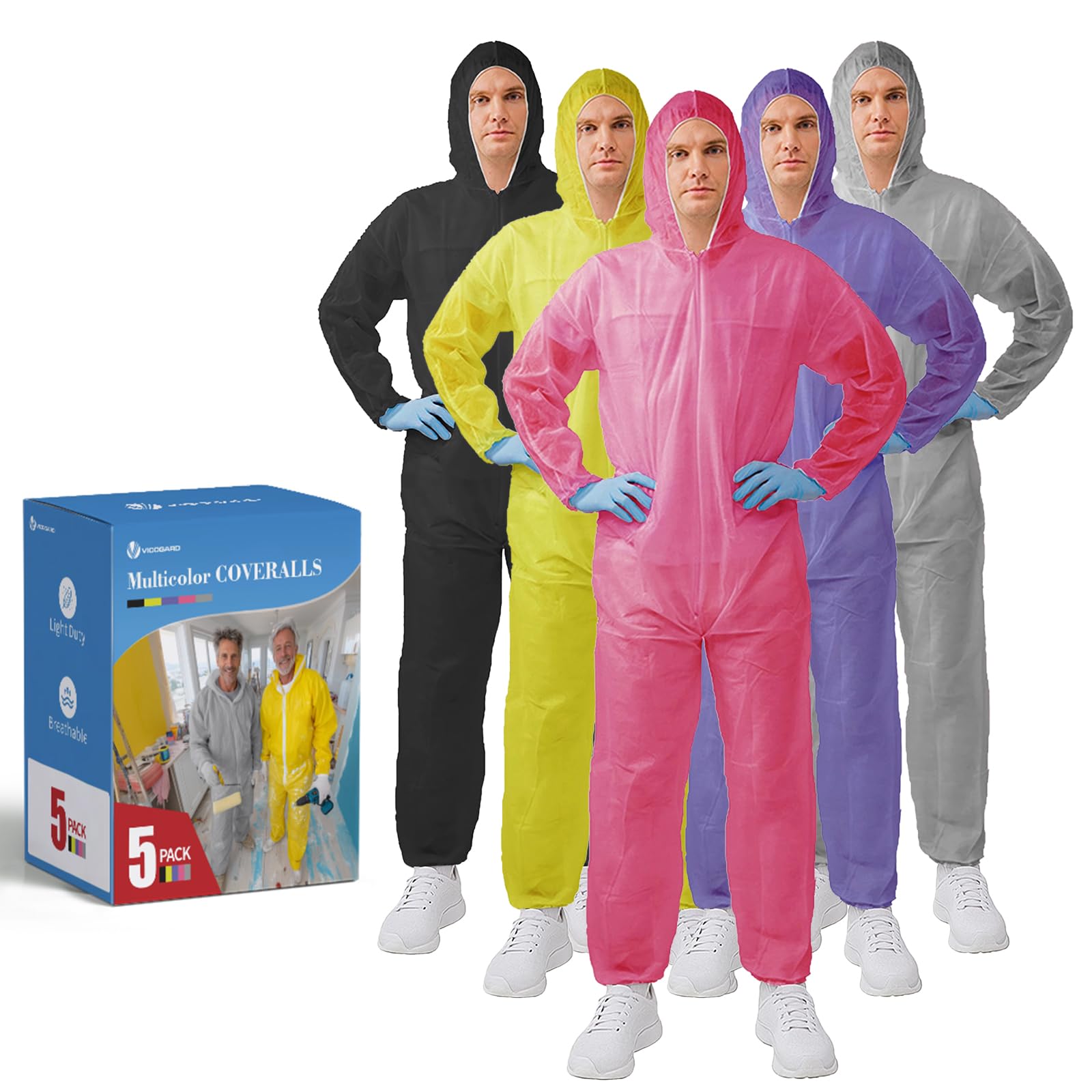 Hazmat Suits,10 Colors Options Disposable Protective Coveralls, Paint Suit with Elastic Wrists Ankles and Hood X-Large 5 Pack Mix Color