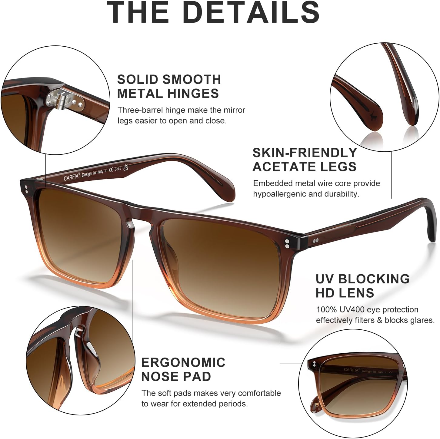 CARFIA Retro Polarized Sunglasses for Men UV Protection Hand-crafted Acetate Frame Fashion Cool Sun Glasses CA53572 - Image 4