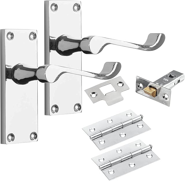 IRONZONE® 6 Sets of Premium Quality Victorian Scroll Lever Latch Door Handles Polished Chrome Hinges & Latch Pack Backplate Door Handles, Contemporary Design for Internal Wooden or Oak Doors