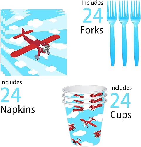 Miniatura 3 de PARTY BERRY Juego de 120 piezas de vajilla desechable para decoración de fiesta de avión, platos, tazas, servilletas, tenedores, decoraciones de