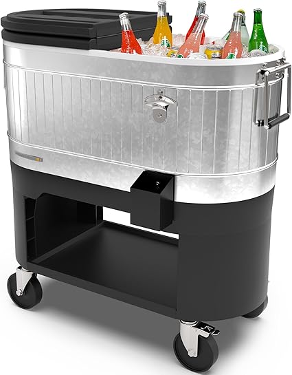 Permasteel Rolling Patio Cooler – Large Outdoor Ice Chest with Wheels, Beverage Cooler for Backyard, BBQ, Tailgate, Beach, Parties, Rustic Farmhouse Design