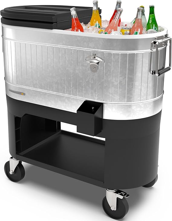 Permasteel Rolling Patio Cooler – Large Outdoor Ice Chest with Wheels, Beverage Cooler for Backyard, BBQ, Tailgate, Beach, Parties, Rustic Farmhouse Design
