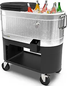 Permasteel Rolling Patio Cooler – Large Outdoor Ice Chest with Wheels, Beverage Cooler for Backyard, BBQ, Tailgate, Beach, Parties, Rustic Farmhouse Design