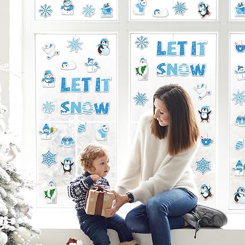 Miniatura 10 de Whaline 40 calcomanías de gel gruesas de Navidad con bonito Papá Noel muñeco de nieve gnomo de alce reutilizables para ventana de feliz Navidad para