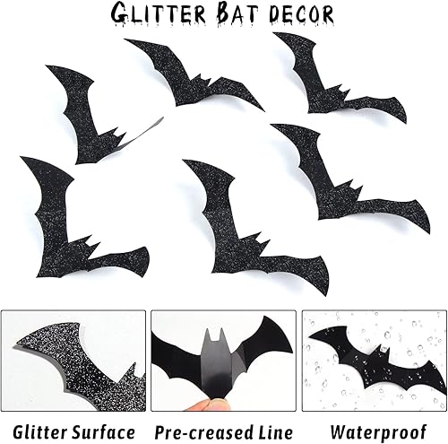 Miniatura 4 de FOIMAS 144 calcomanías de pared de murciélagos de Halloween, calcomanías de pared de murciélagos con purpurina negra 3D para Halloween, decoración