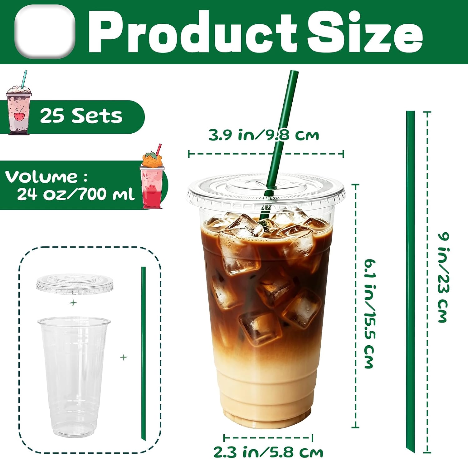 Qinsihwn 25 Pack 24 oz Clear Plastic Cups with Lids and Straws,PET Iced Coffee Cups,Disposable To Go Cups for Cold Drinks,Milkshakes,Coffee Bar Accessories,Smoothies