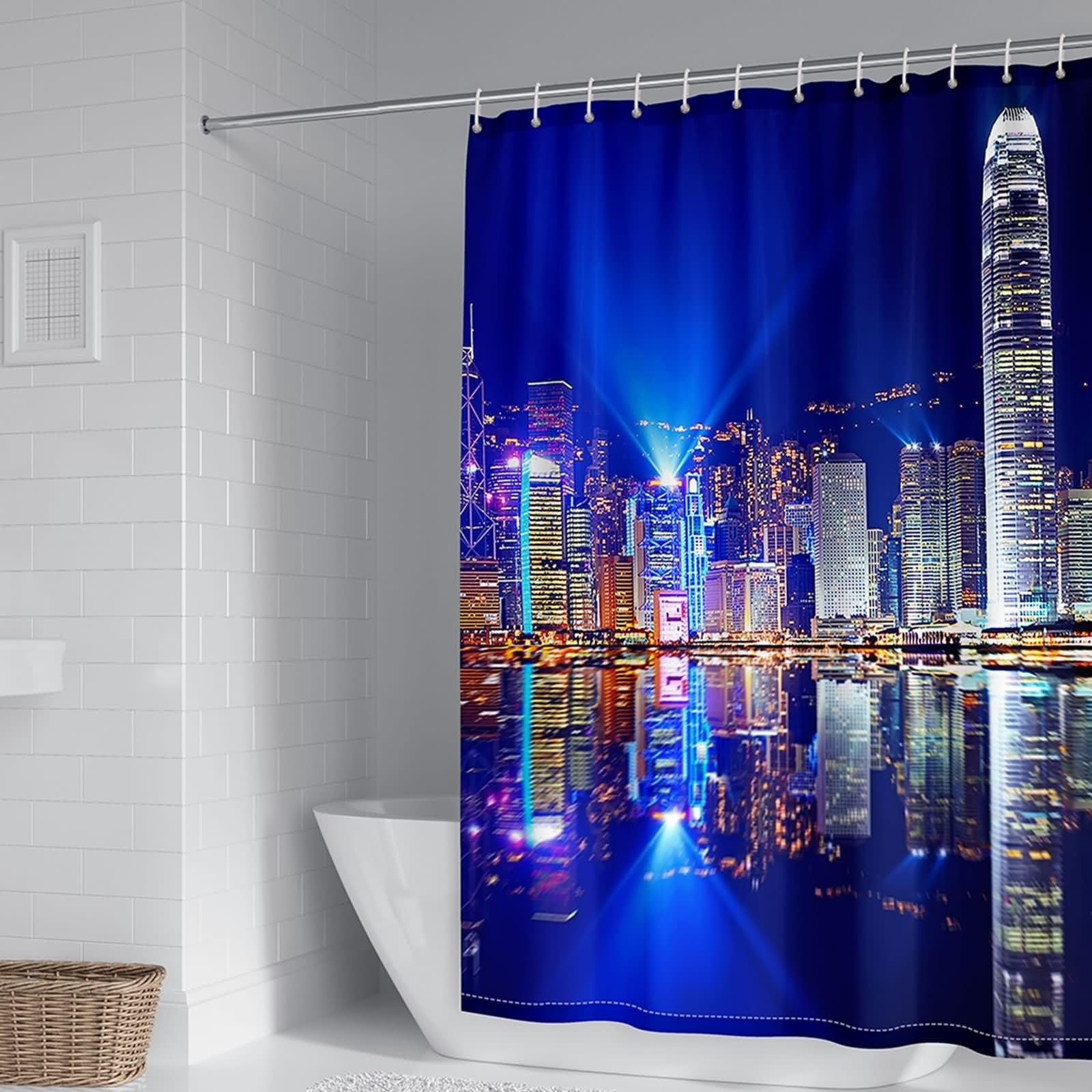 Duschvorhang 180X200, Textil Duschvorhang Blau Hoch Hinausragende Gebäude Stilvoller Duschvorhang