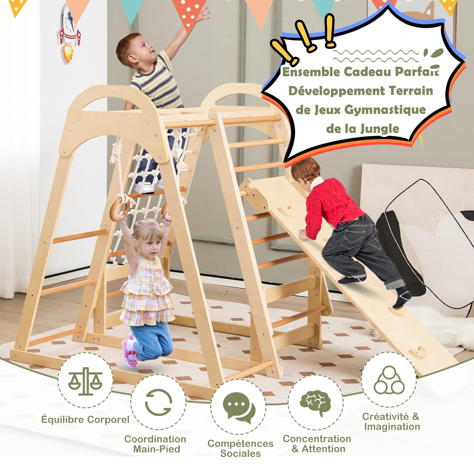 Triangle d'escalade en Bois Enfants avec Rampe Double Face, Aire de Jeu Triangle d'escalade en Bois Enfants avec Rampe Double Face, Aire de Jeu