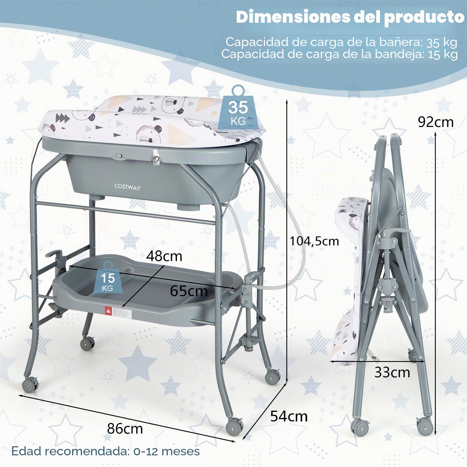 GOPLUS 4 en 1 Cambiador con Bañera, Cambiador de Pañales Plegable y Portátil con Bandeja de Almacenamiento y 4 Ruedas Universales con Frenos, para Bebés de 0-12 Meses, Carga hasta 35 kg (Gris)