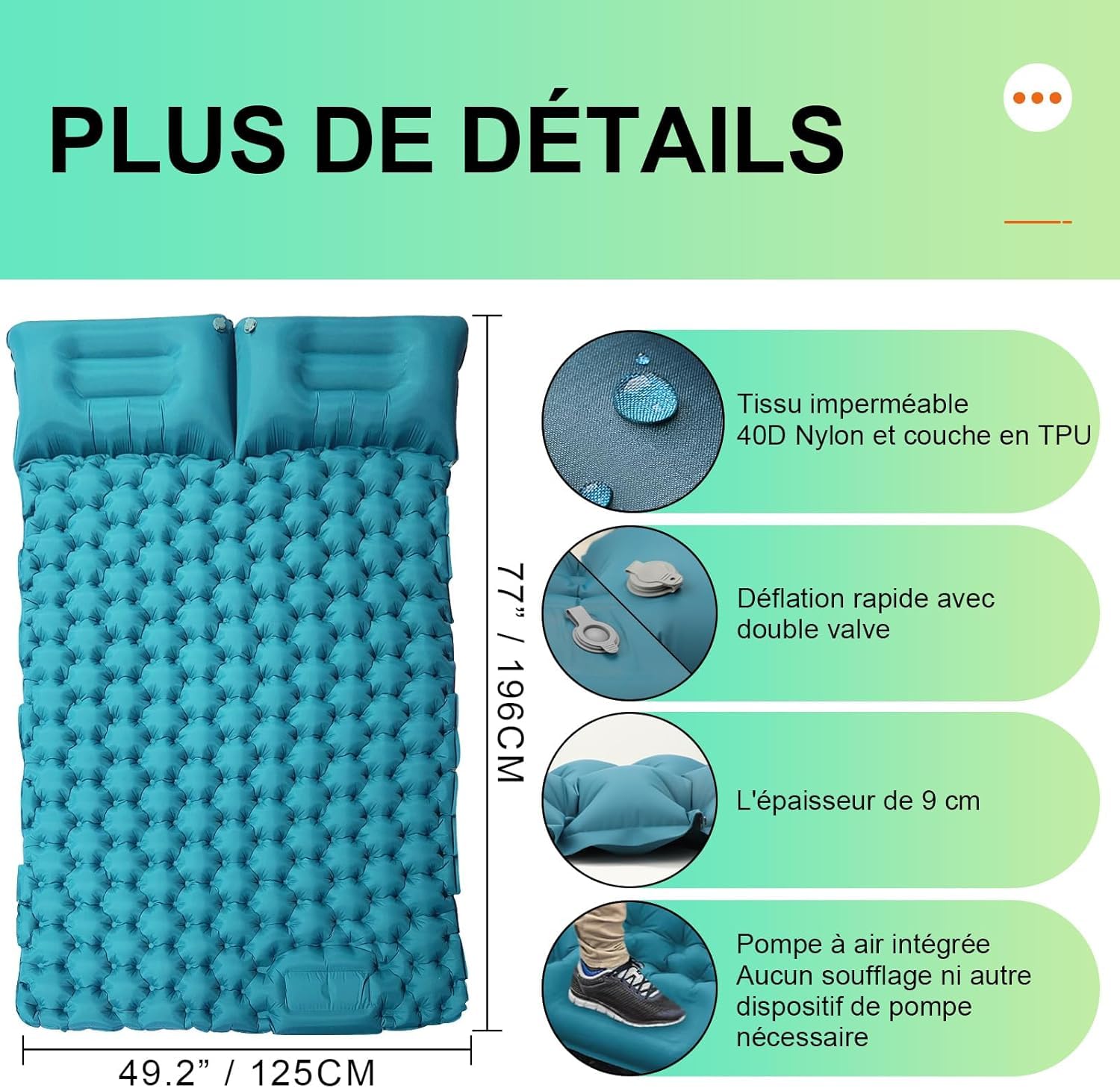 Matelas Gonflable 2 Personnes Matelas Camping Matelas Plage avec Oreiller | Pompe à Pied Intégrée,Gonflage Rapide,Matelas Gonflable 2 Places Ultraléger et Portable,Voyage,Randonnée, Trekking