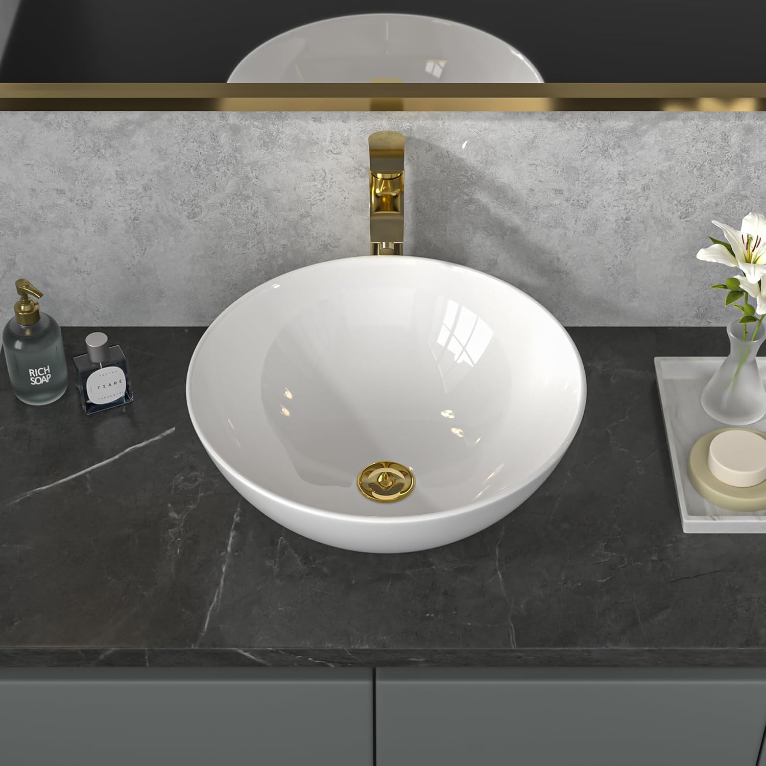 Sarlai Vessel Sink Round - 16"x16" Modern Round Bowl Above Counter White Porcelain Ceramic Bathroom Vessel Vanity Sink Art Basin White 16Wx16D-W