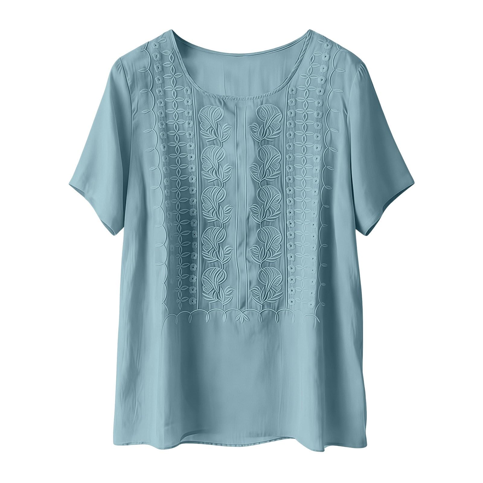 Generico Blusa Estiva Donna, Maniche Corte, Girocollo, Ricamo Traforato Decorativo per Outfit da Weekend (Azzurro 3X)