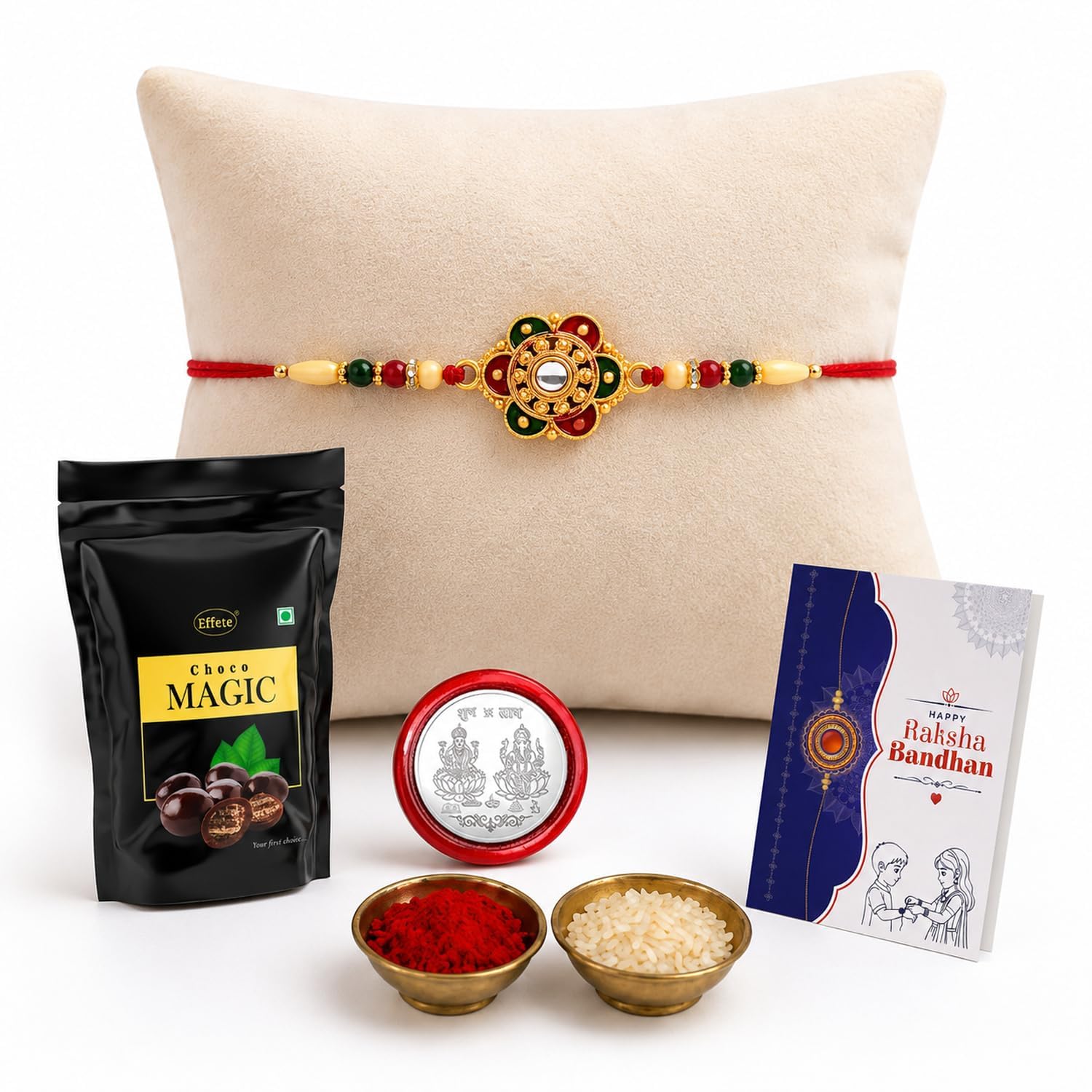 DeoDap Rakhi for Brother with Choco Magic Chocolate 40gm, Flower Design, Pooja Coin, Roli Chawal & Card | Rakhi with Chocolate Combo for Raksha Bandhan discount deal
