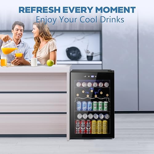 Miniatura 7 de Joy Pebble Refrigerador de bebidas, mini refrigerador de 145 latas con puerta de vidrio para vino de cerveza, soda, nevera pequeña con termostato