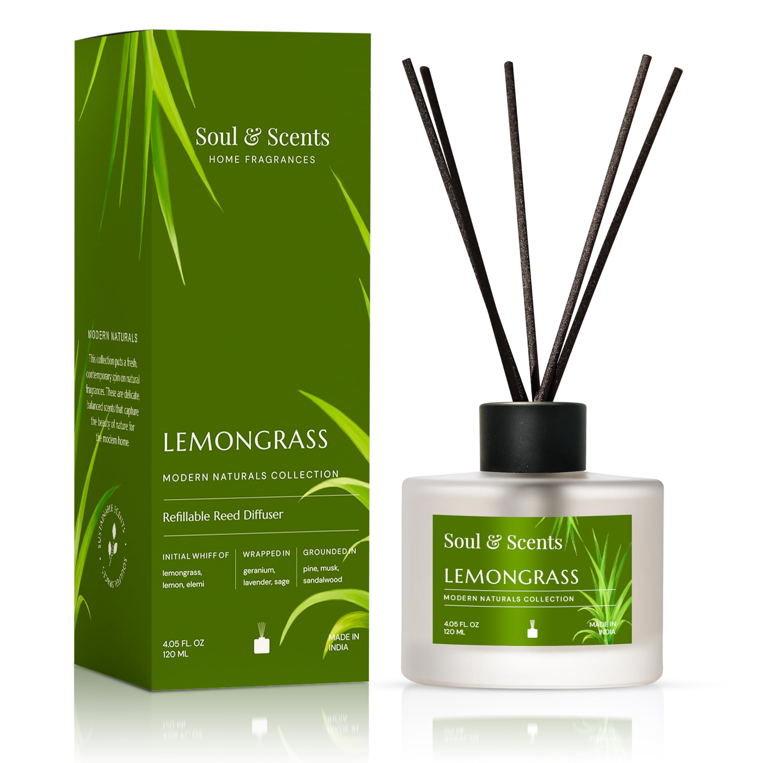 Soul & Scents Glass 120ml Lemongrass Reed Diffuser Set | Free 6 Fiber Reed Sticks | Stress Relief & Aromatherapy | Long-Lasting, Smoke-Free Air Freshener for Home, Bedroom & Office | Ideal for Gifting