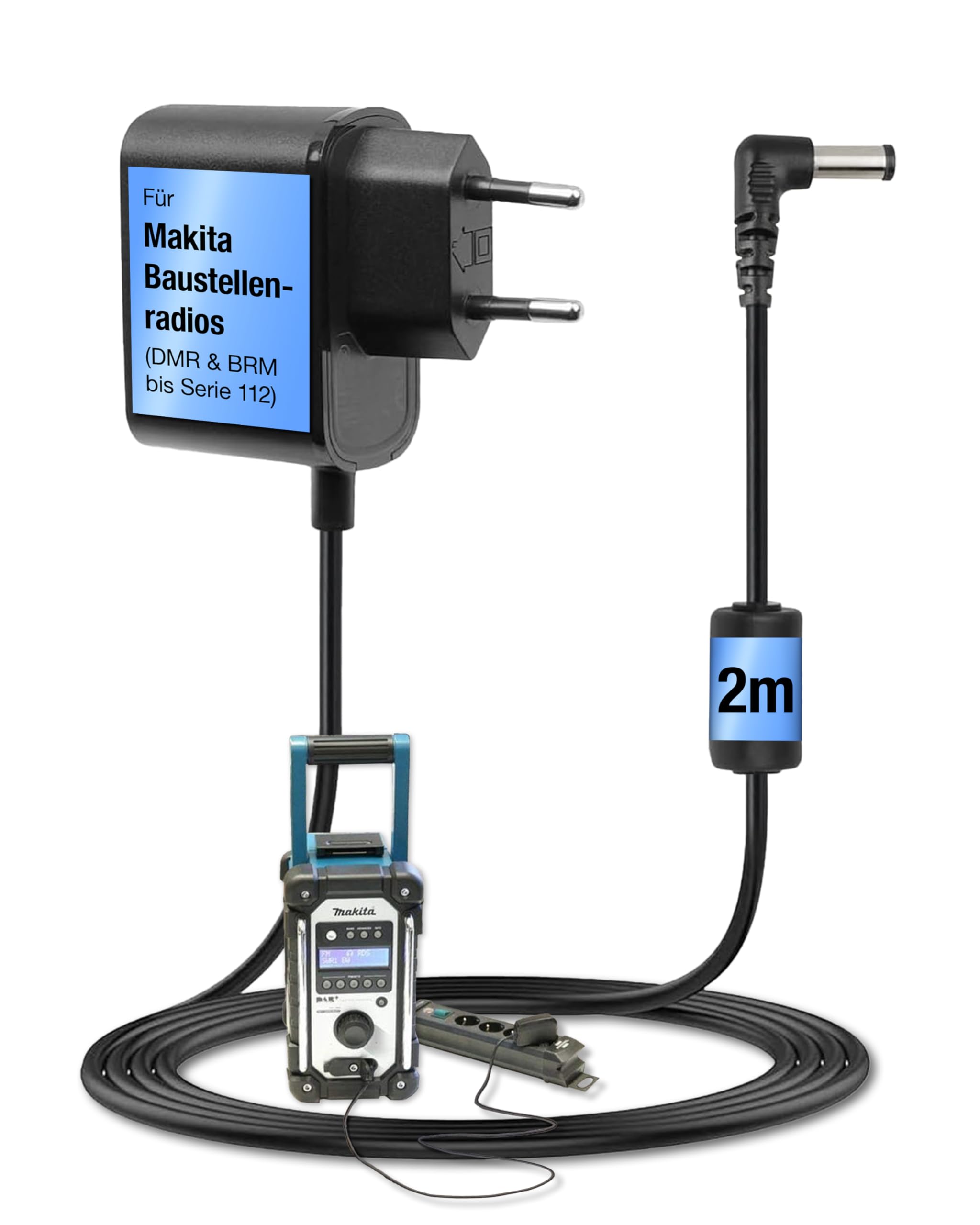Wicked Chili 2m Netzteil für Makita Radio DMR 116 112 112W 110 109 108 107 106 BMR 105 104 103 102 ersetzt original Makita Ladegerät Ladekabel SE00000101 SE00000078 SE00000265 (rauschfrei, Ferrite)