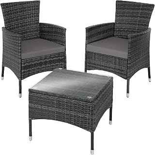 TecTake® Conjunto Jardín Exterior de Ratán y Acero para 2 Personas, Muebles Jardín Exterior Resistentes a Intemperie, 2 Sillones y 1 Mesa Cristal, Fácil Montaje y Limpieza, Incl. 4 Fundas - Gris