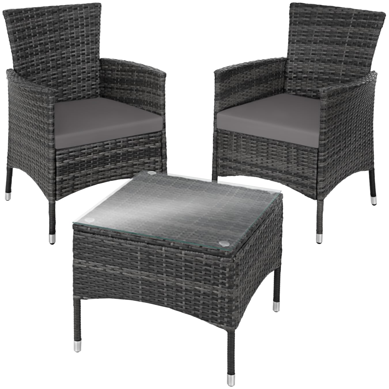 TecTake® Conjunto Jardín Exterior de Ratán y Acero para 2 Personas, Muebles Jardín Exterior Resistentes a Intemperie, 2 Sillones y 1 Mesa Cristal, Fácil Montaje y Limpieza, Incl. 4 Fundas - Gris