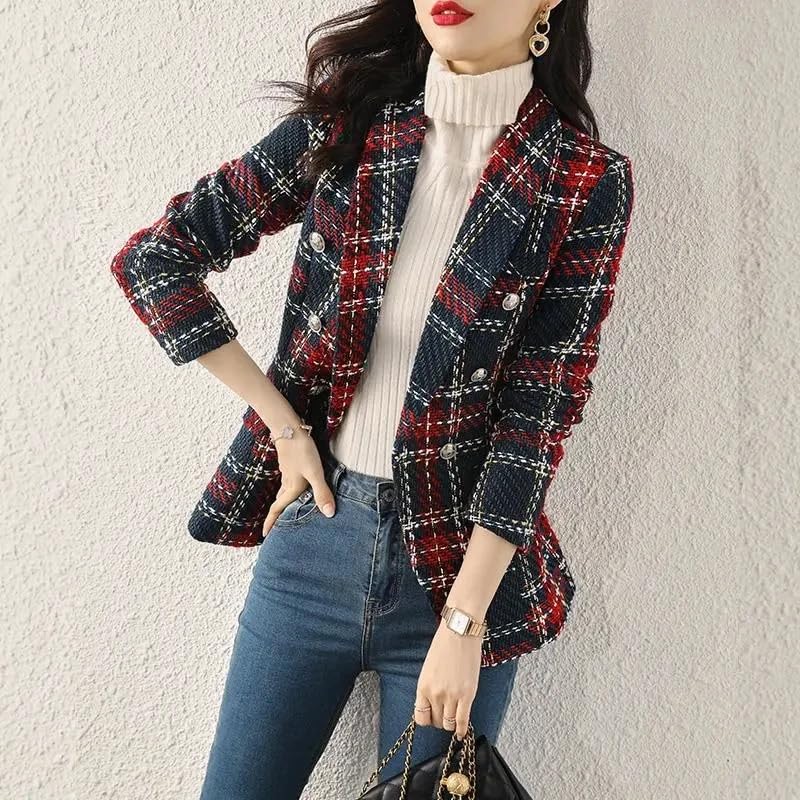 Blazer Small Women Plaid Short Suit Jacket Slim V-Neck Double Female3