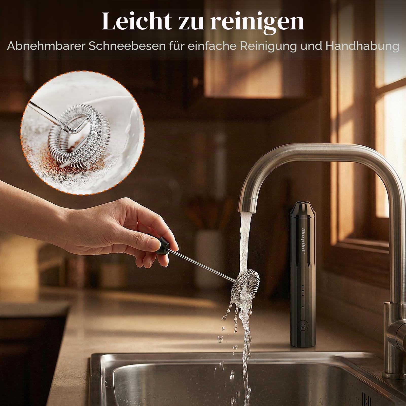 Morpilot Milchaufschäumer Stab, Milchschäumer Elektrisch Wiederaufladbar, abnehmbarer Edelstahl Schneebesen, Mini Mixer für Latte, Matcha-Tee, Cappuccino, Schwarz