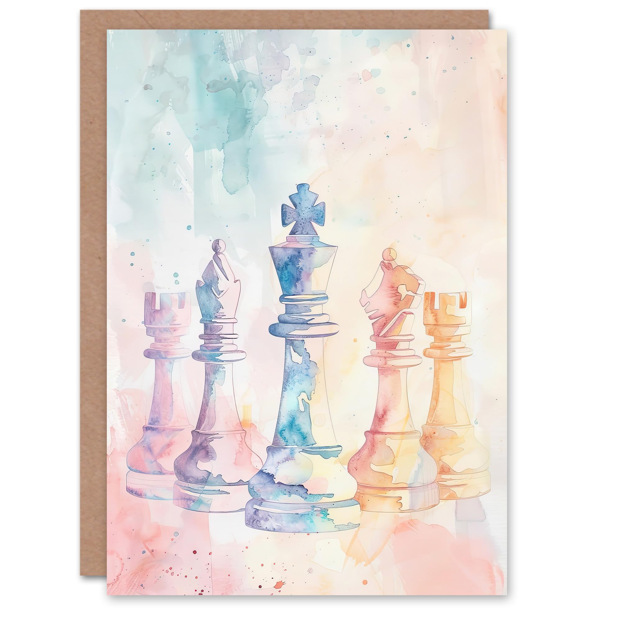 Artery8 Greeting Card Stylised Chess Pieces Light Pastel Watercolour Blank For All Him Or Her Art Birthday Card