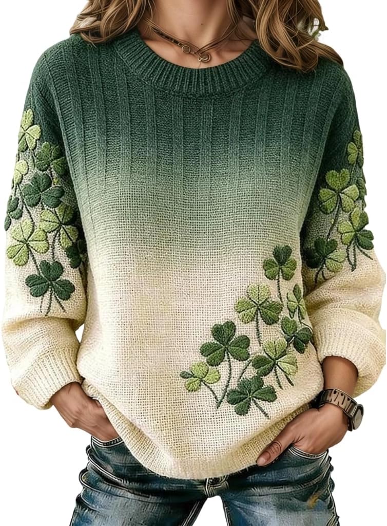 TIAFORD St. Patrick's Day Sweaters for Women 2026 Relaxed Fit Soft Knit Crewneck Shamrock Clover Irish Holiday Pullover Tops