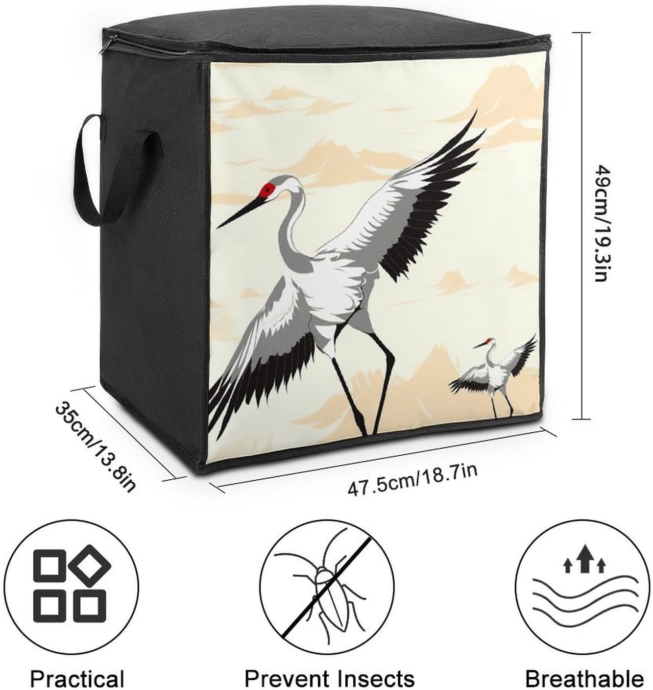 Japanese Crane Storage Bag with Zippers And Handle Extra Large Bedding Comforter Storage Bag Foldable Blanket Storage Bags Fabric Moving Bags for Closet Organizer (70L)