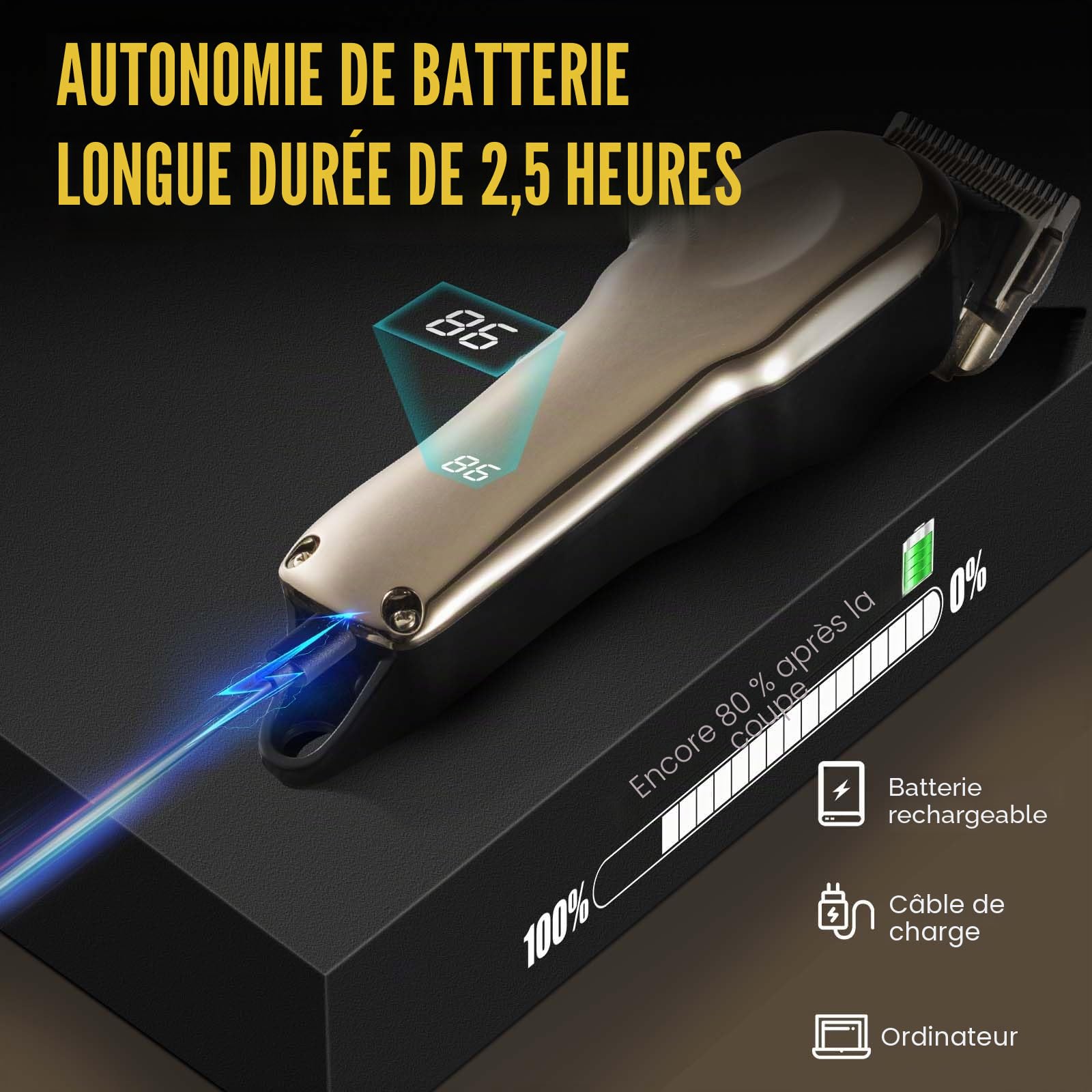 Tondeuse Sans Fil Professionnelle pour Chevaux - Électrique Rechargeable Toilettage Silencieuse - Tondeuse Animaux Poil Long - 4 Guides Inclus
