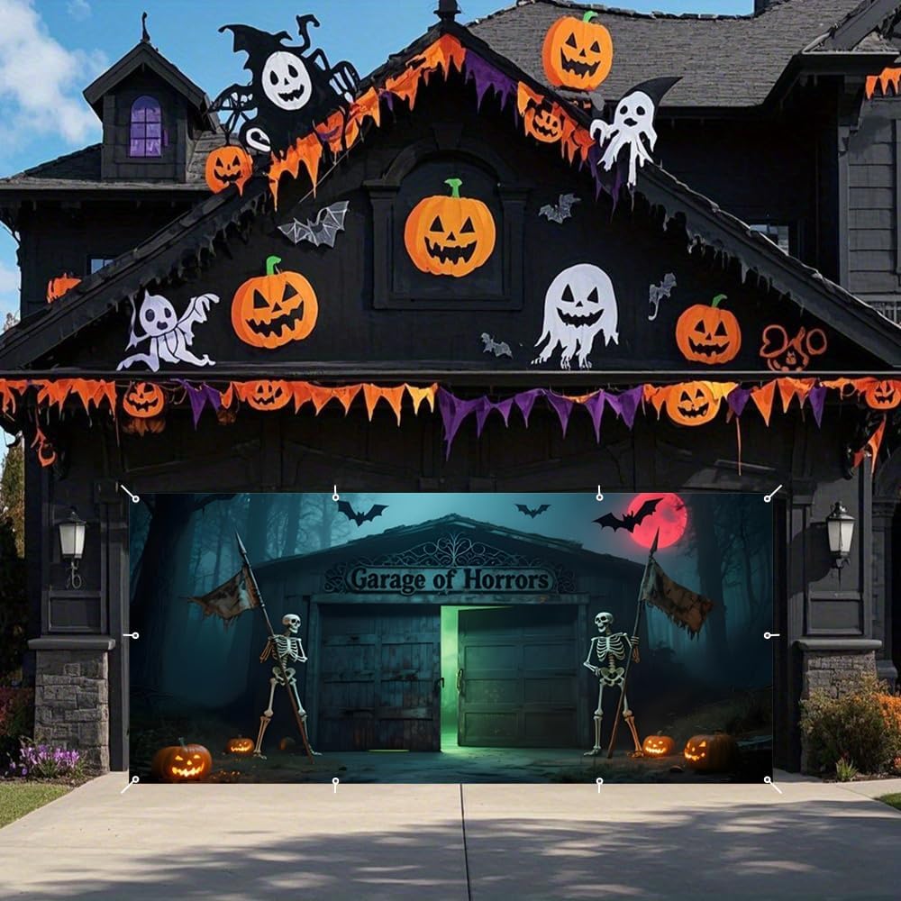 7x16ft Halloween Garage Door Banner Decoration Red Moon Skeleton Misty Haunted Forest Halloween Garage Door Cover for 2 Car Large Horror Covers Decorations for Party Outdoor Decor