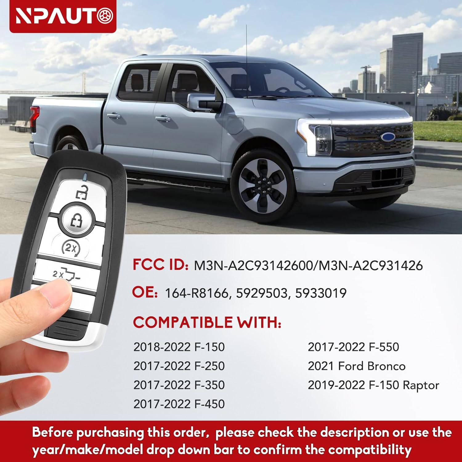 NPAUTO Key Fob Replacement Fits for Ford F150 F250 F350 F450 F550 Bronco 2017 2018 2019 2020 2021 2022, Smart Proximity Keyless Entry Remote Control Start Car Key Fobs, M3N-A2C93142600, 164-R8166