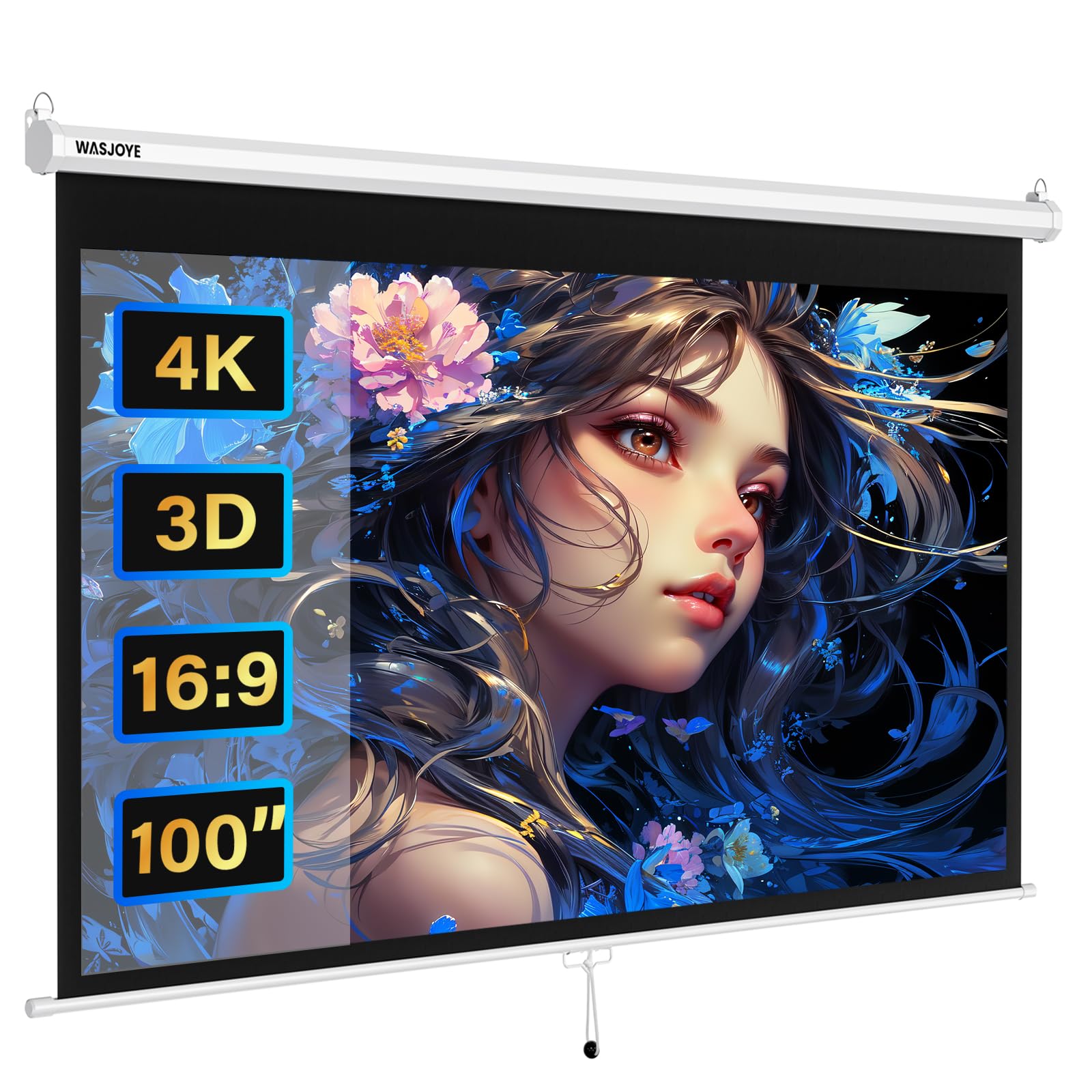 WASJOYE Pantalla de Proyección Manual - Projector Screen Enrollable Telescópica Universal de 100 Pulgadas, Lona Proyector con Bloqueo Automático, Altura de Pantalla Ajustable, Borde de Sombra Negro